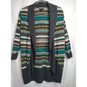 Allison Brittney Cardigan Size L Gray Trim Southwest Aztec Open Front Sweater